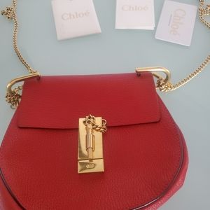Mini Chloe Sienna Red Leather Gold Chain Crossbody.